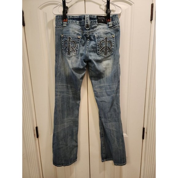 WOMEN'S JUNIORS 28X34 LIGHT WASH BOOT CUT STUDDED LOW RISE JEANS COWGIRL - Picture 3 of 10